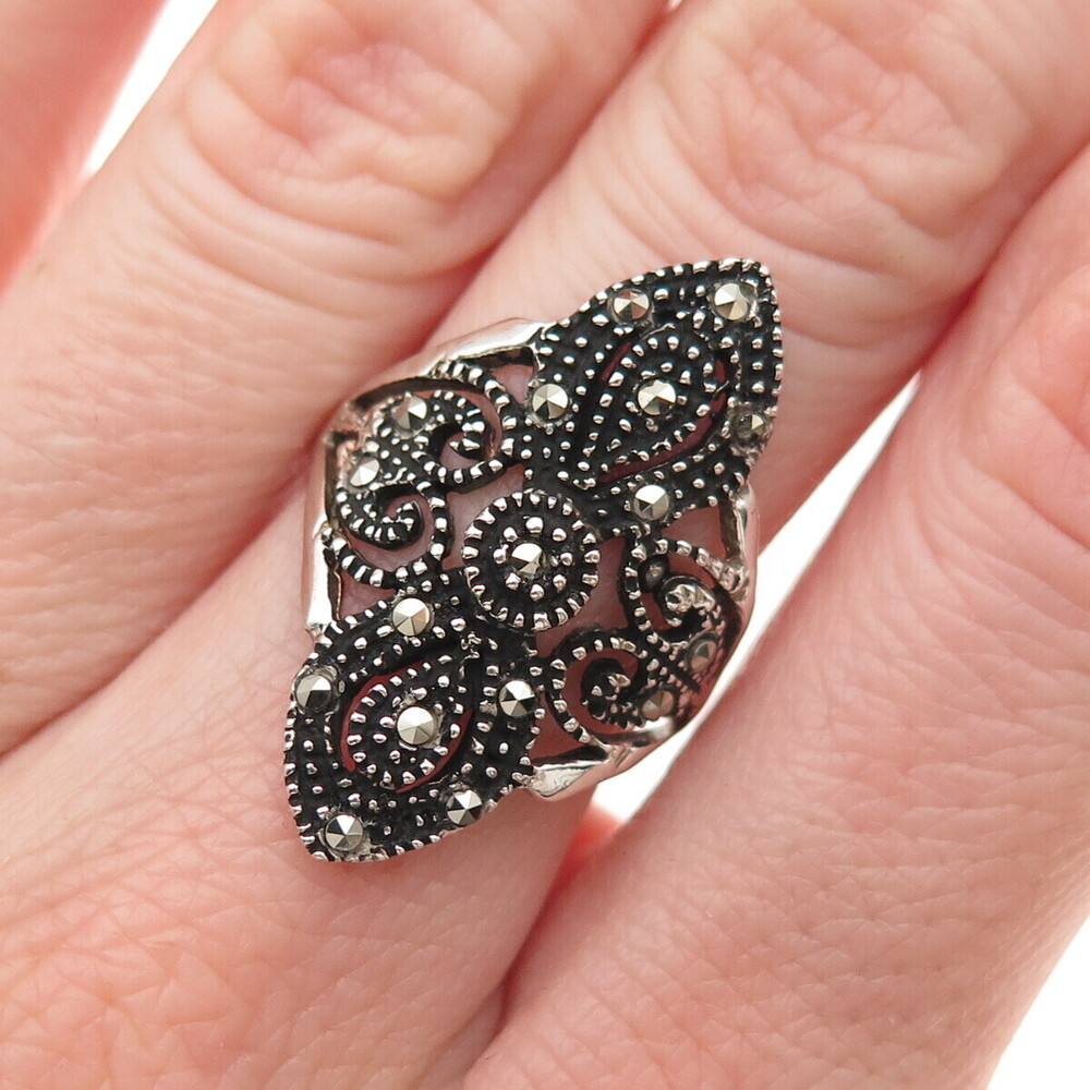 925 Sterling Silver Vintage Mexico Real Marcasite Floral Oxidized Ring Size 7.25